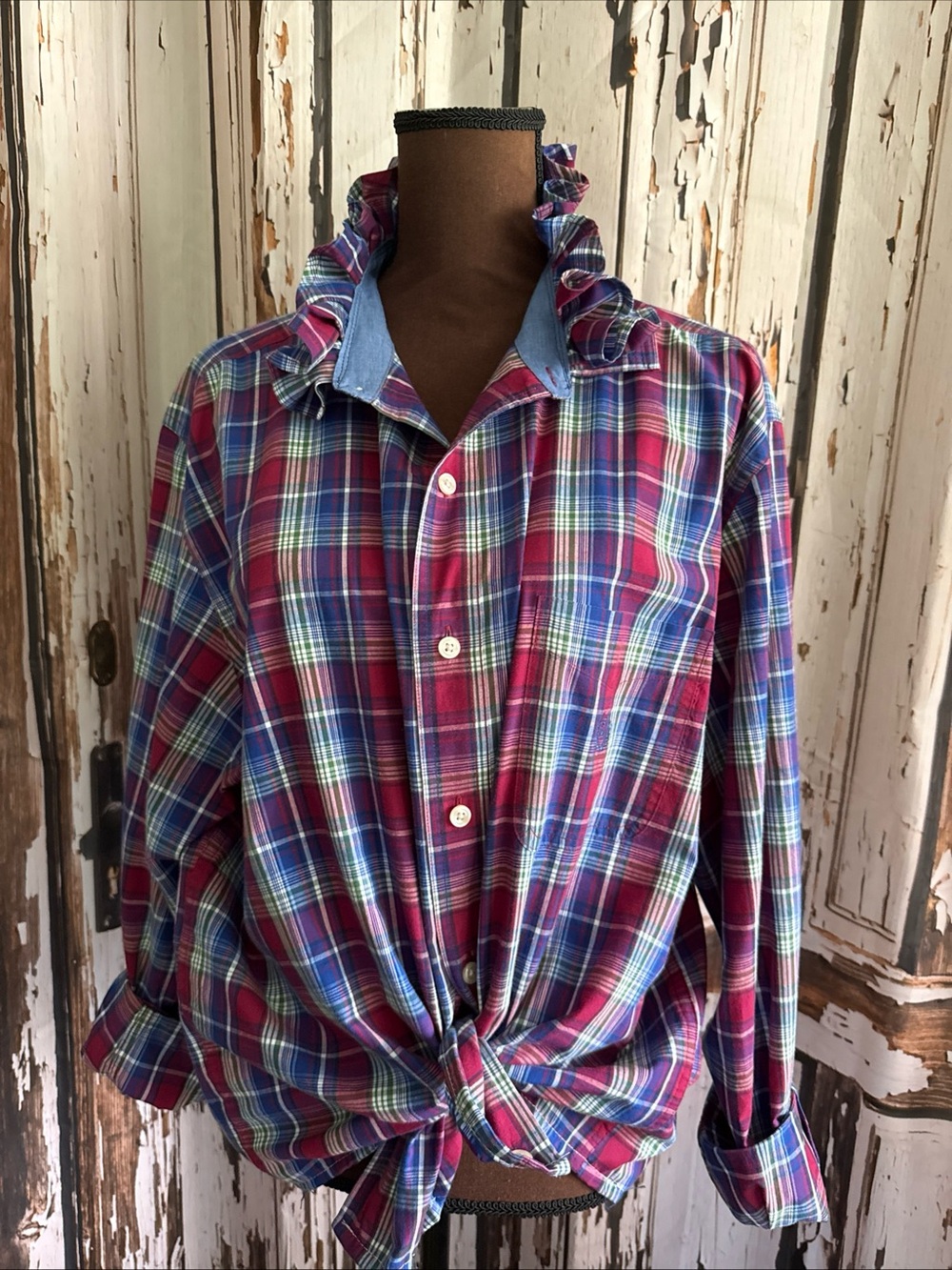 Reworked upcycled ruffle chaps xl plaid button up shirt see details